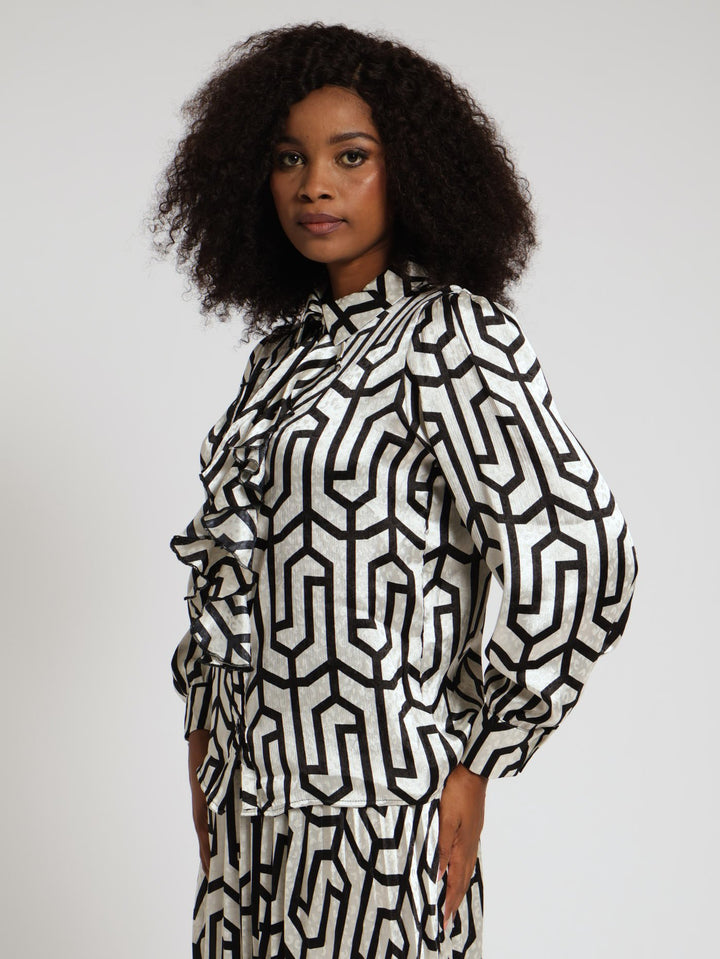 Long Sleeve Ruffle Tie Up Shirt - Black/Beige