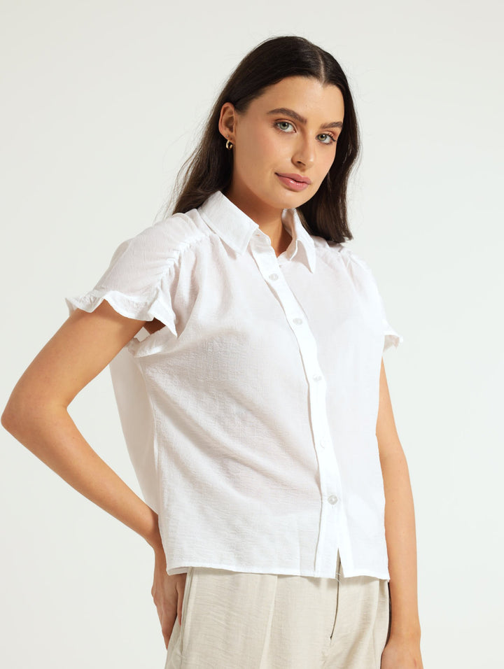 Textured Gauged Yoke Shirt - White