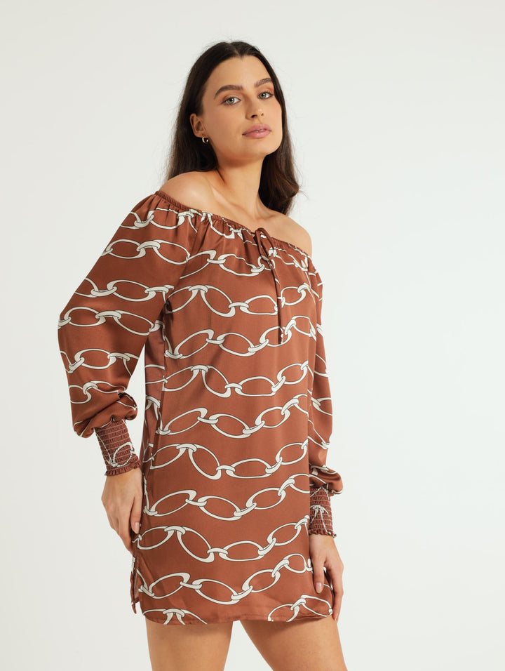 Bardot Mini Dress With Tie - Brown