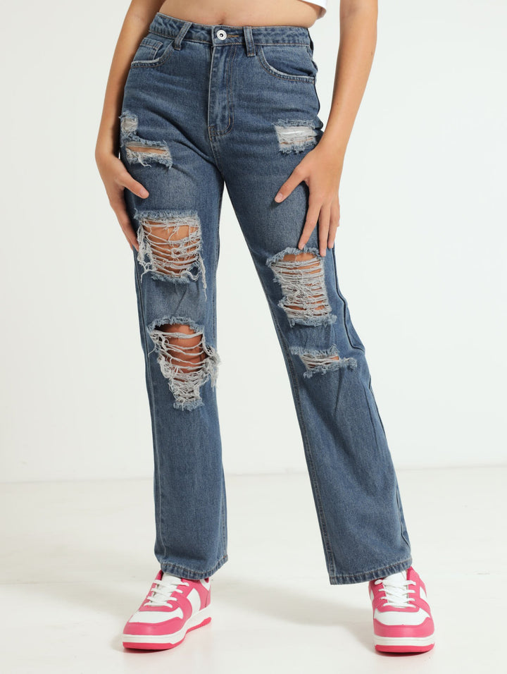 Girls Ripped Wide Leg Denim Jean - Dark Blue