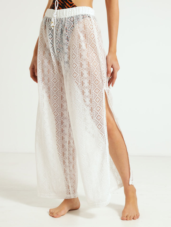 Lace Side Slit Pants - White