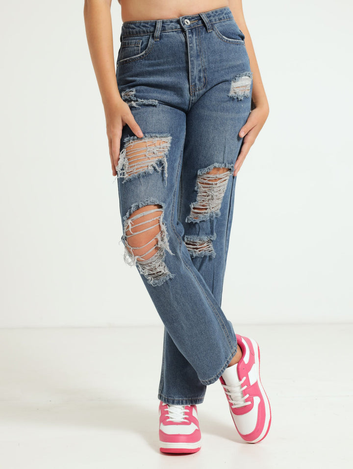 Girls Ripped Wide Leg Denim Jean - Dark Blue