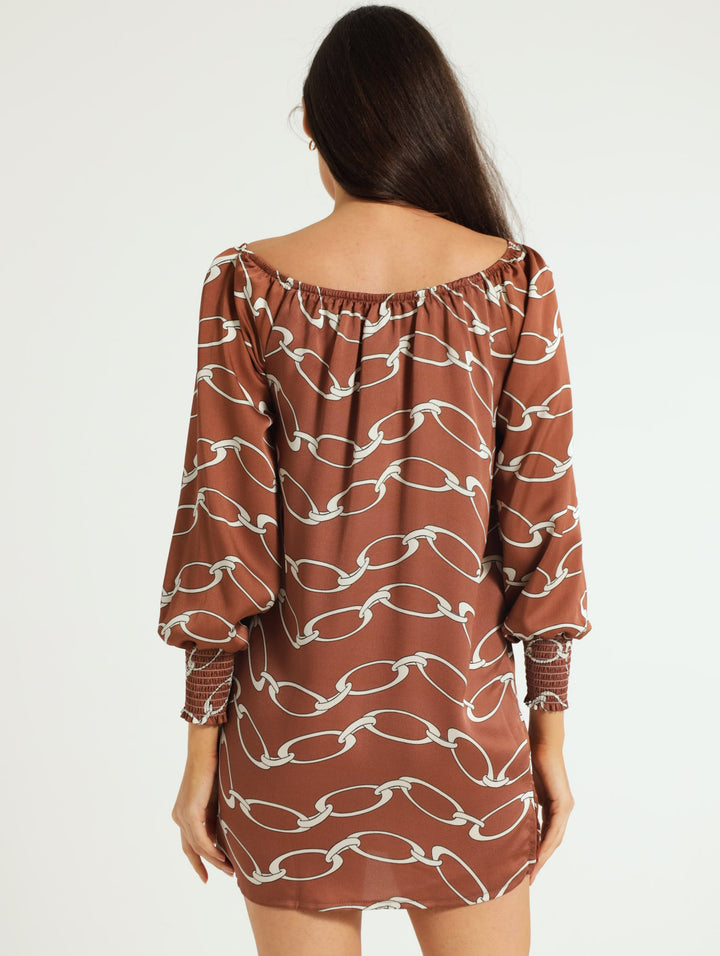 Bardot Mini Dress With Tie - Brown