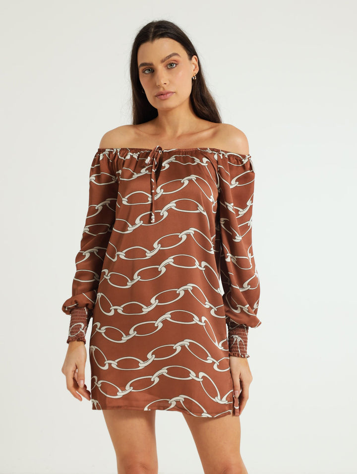 Bardot Mini Dress With Tie - Brown
