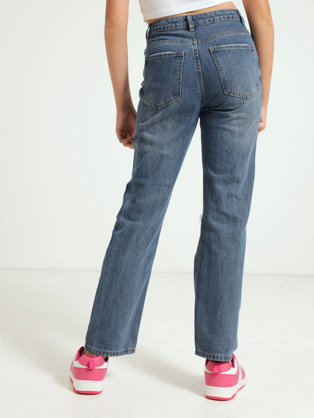 Girls Ripped Wide Leg Denim Jean - Dark Blue