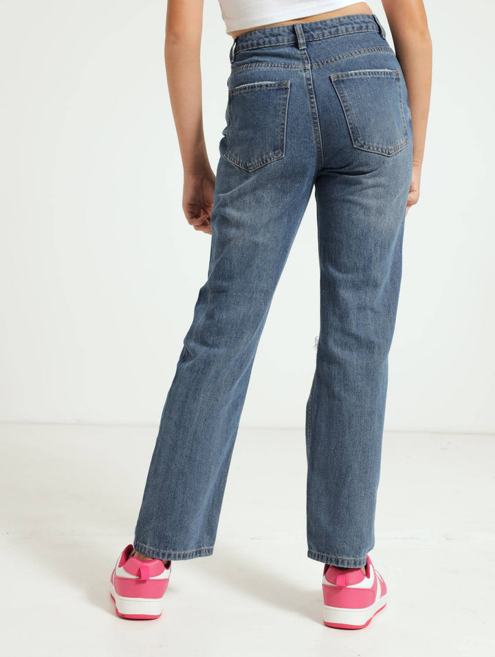 Girls Ripped Wide Leg Denim Jean - Dark Blue