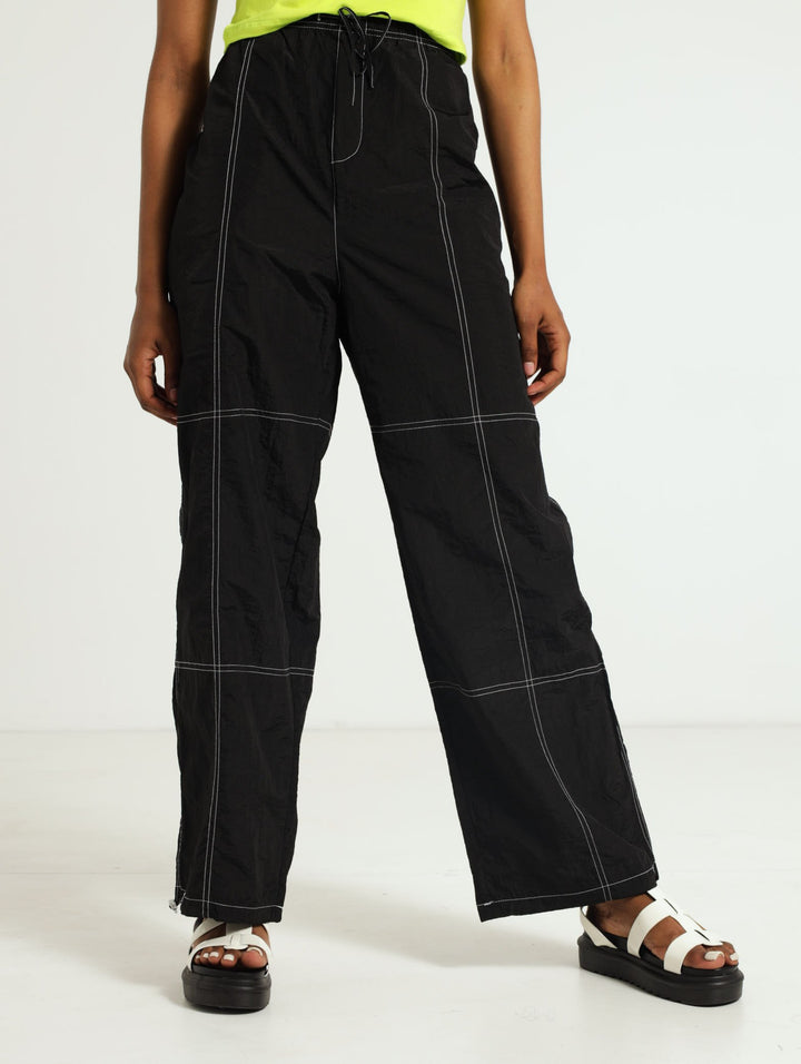 Contrast Stitch Parachute Pants - Black