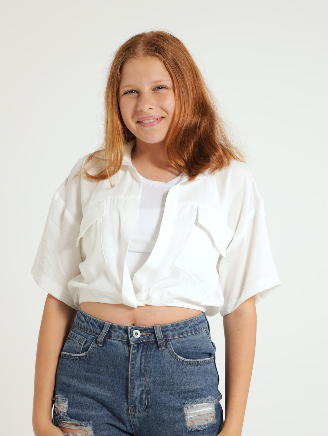 Girls Knot Woven Top - Cream