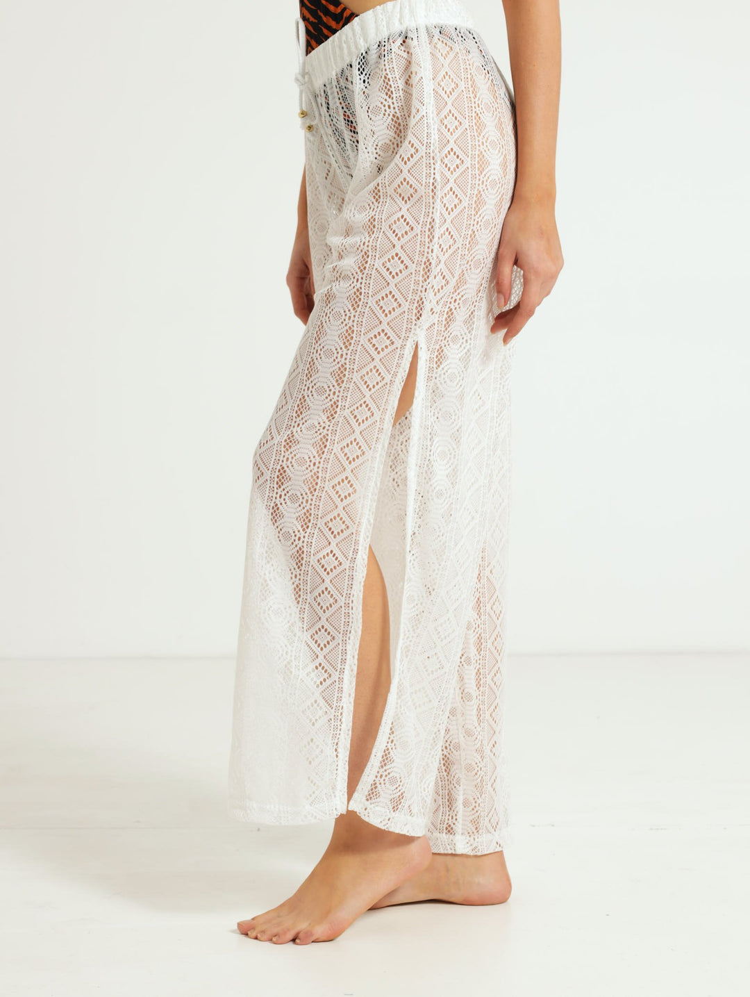 Lace Side Slit Pants - White