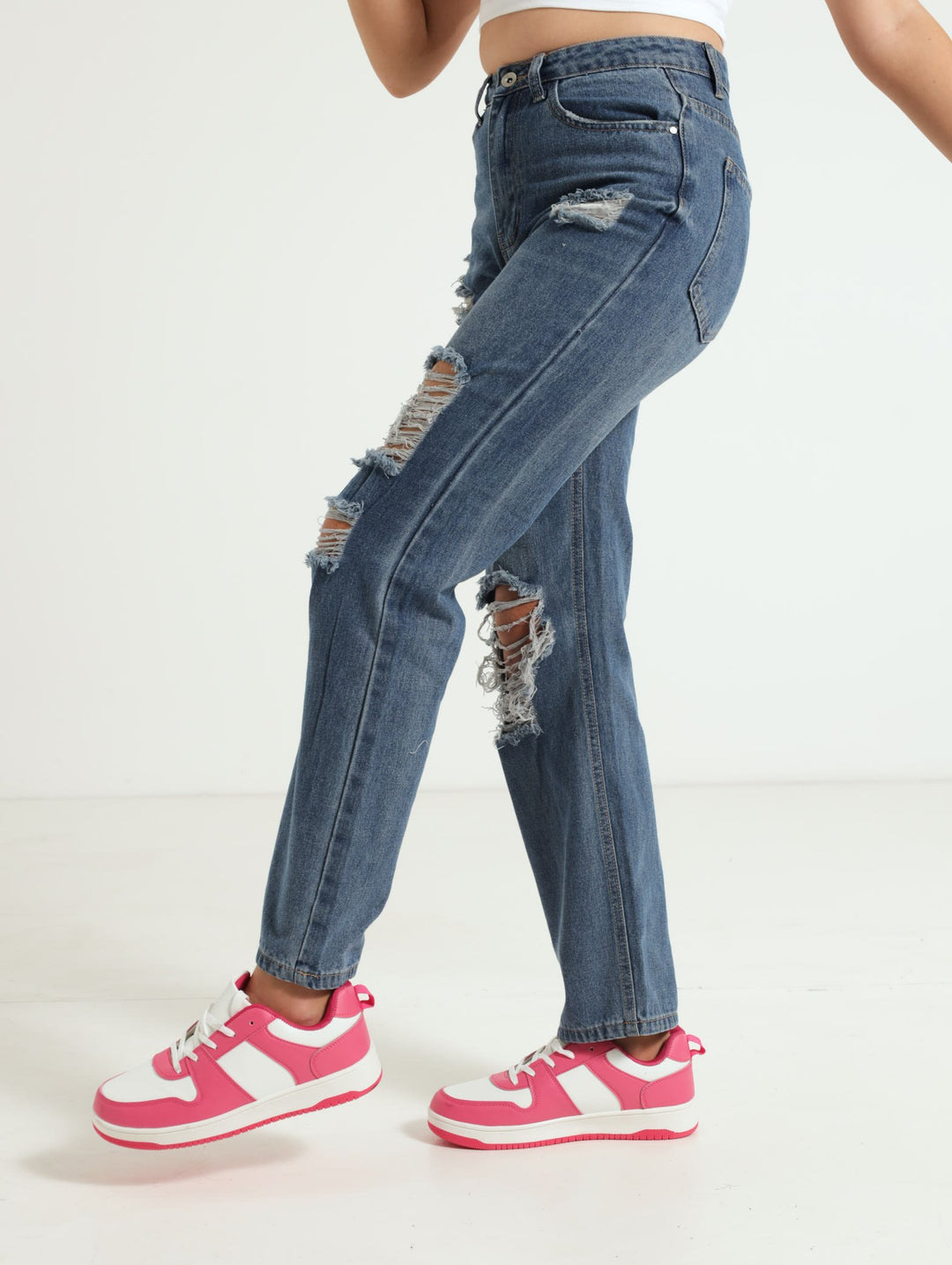 Girls Ripped Wide Leg Denim Jean - Dark Blue