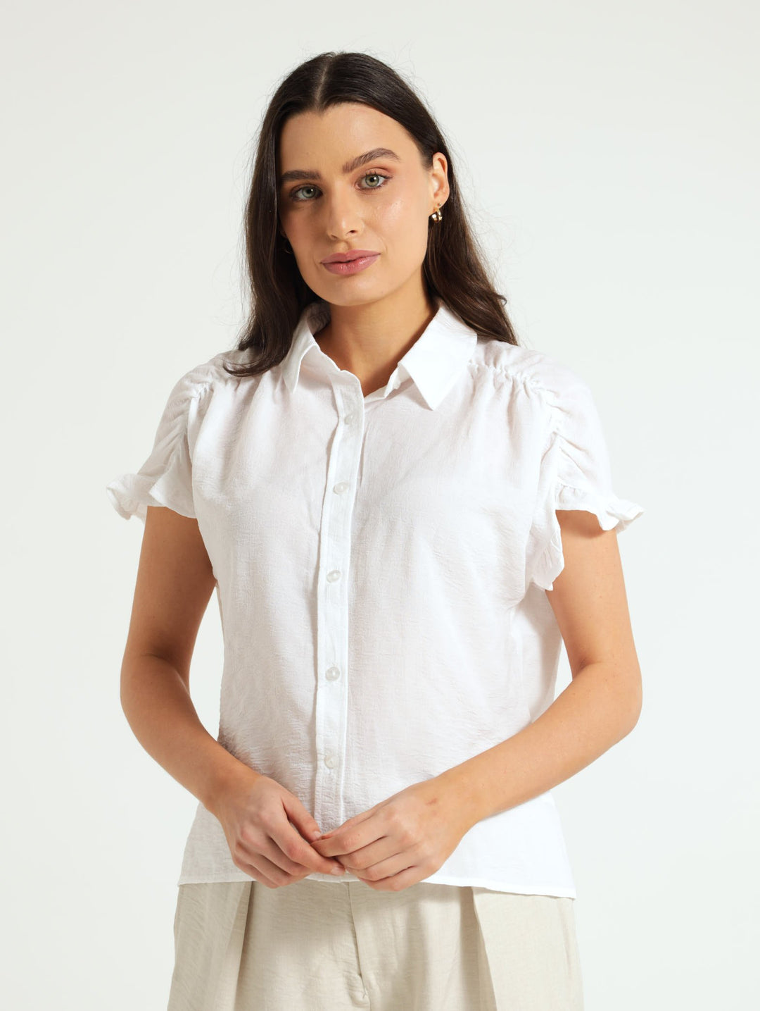 Textured Gauged Yoke Shirt - White