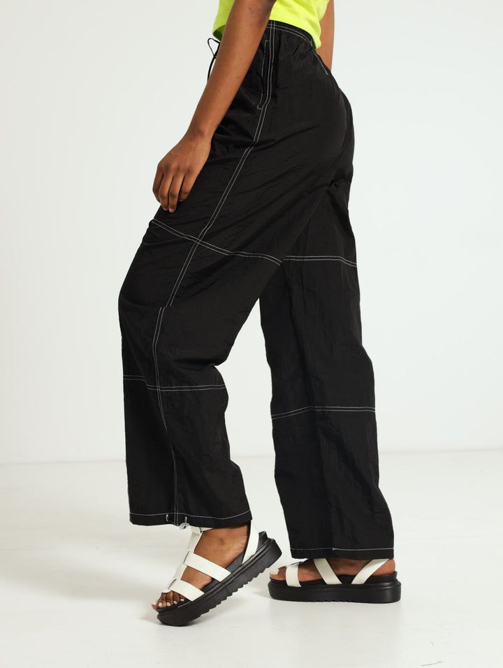 Contrast Stitch Parachute Pants - Black