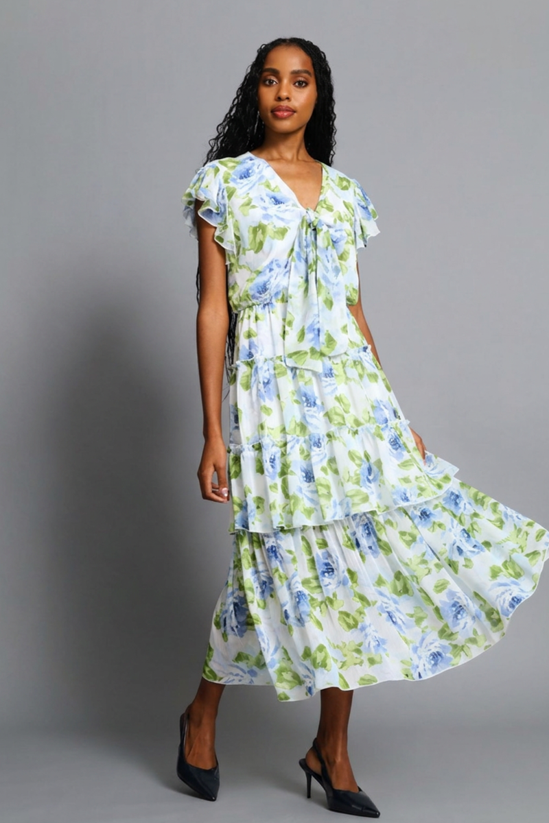 Tie Front Floral Flutter Sleeve Maxi Dress - Multi