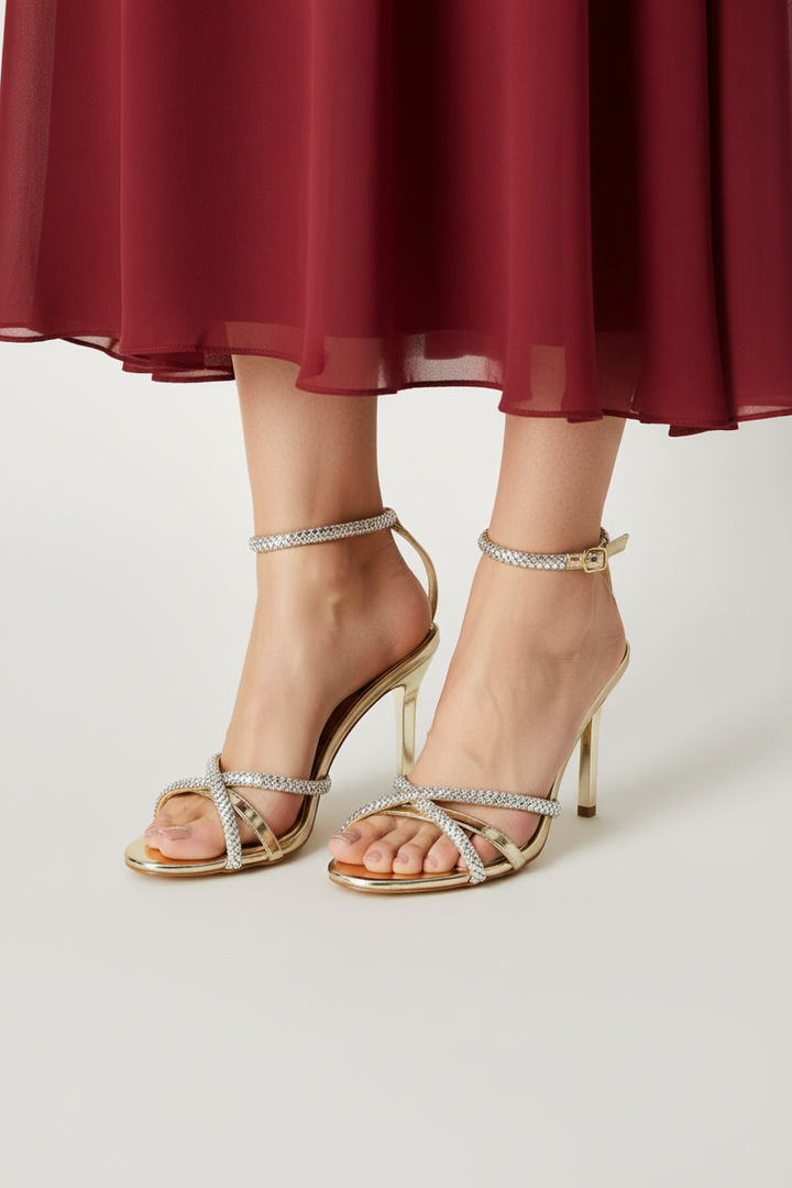Cross Strap Diamante Stiletto Heel - Gold