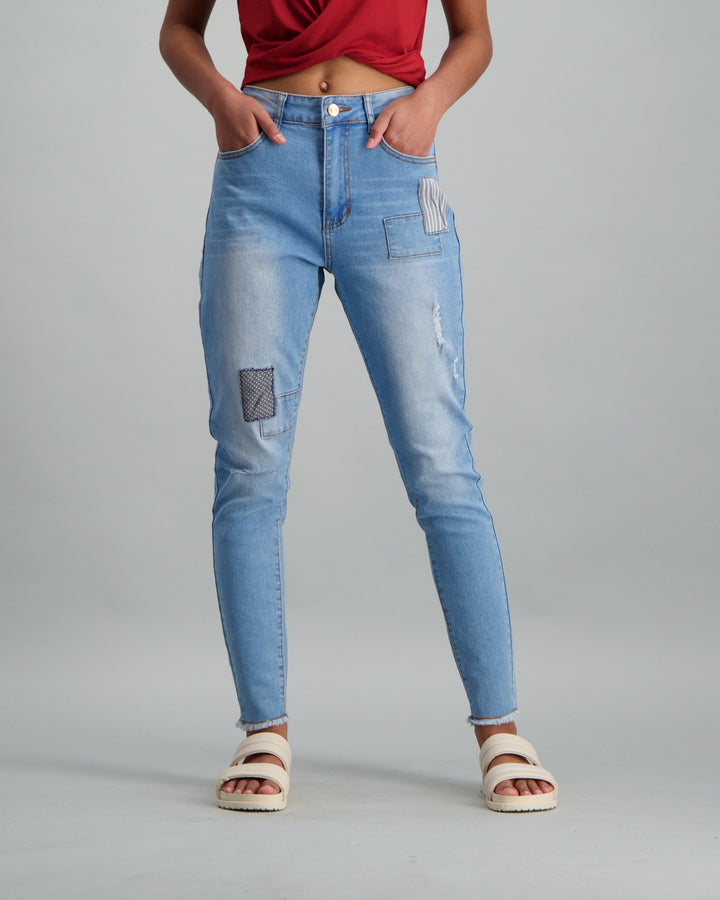 Ladies Stonewash Patch Slash Knee Skinny Denim Jean