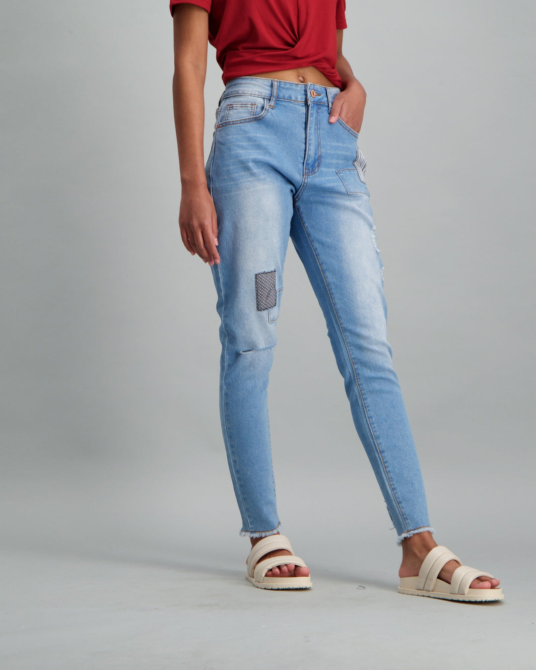 Ladies Stonewash Patch Slash Knee Skinny Denim Jean