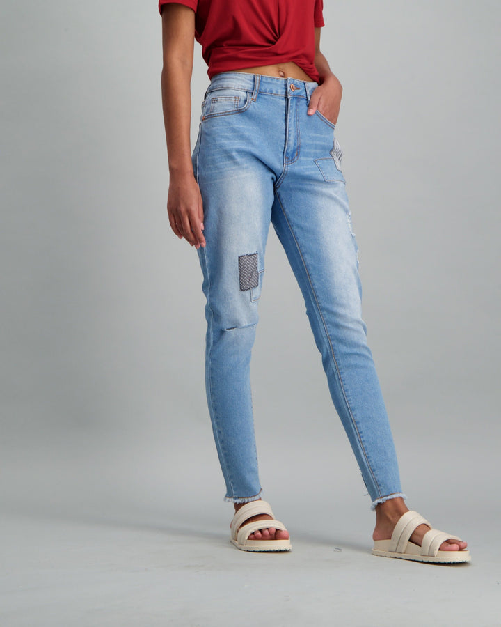 Ladies Stonewash Patch Slash Knee Skinny Denim Jean