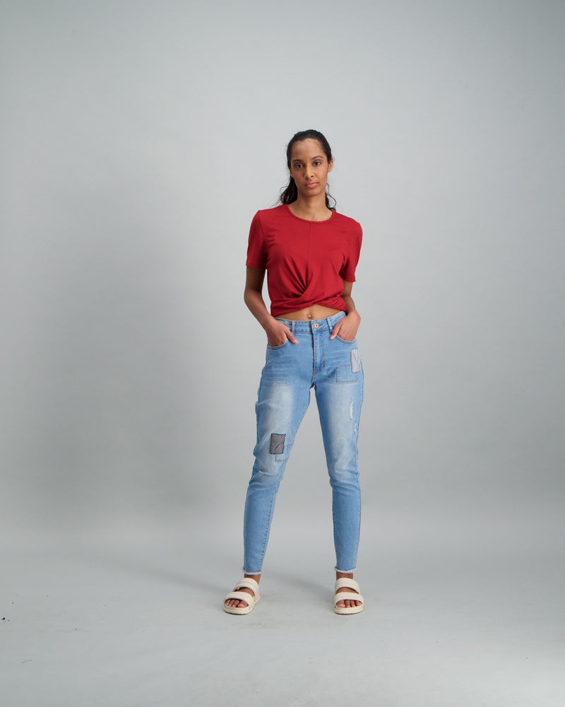 Ladies Stonewash Patch Slash Knee Skinny Denim Jean