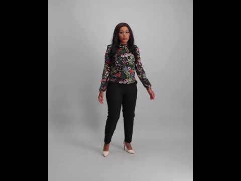 Ladies Floral Ruched Neck Blouse - Black