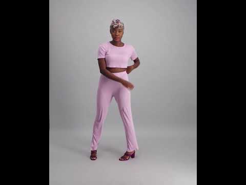 Ladies Cropped Ribbed T-Shirt and Slouchy Pyjama Pants - Mauve
