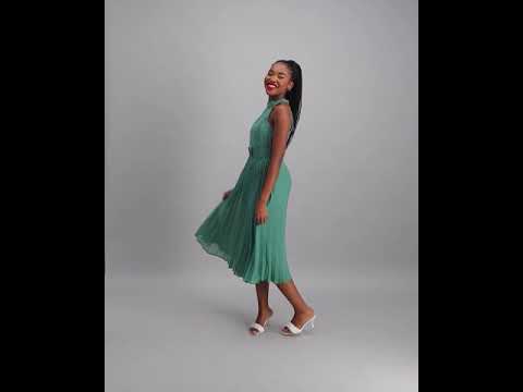 Ladies Pleated Dress with Belt Detail - Seaweed Green