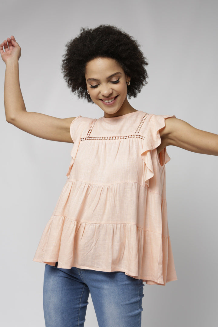 Ladies Lace Inset Tiered Blouse - Coral