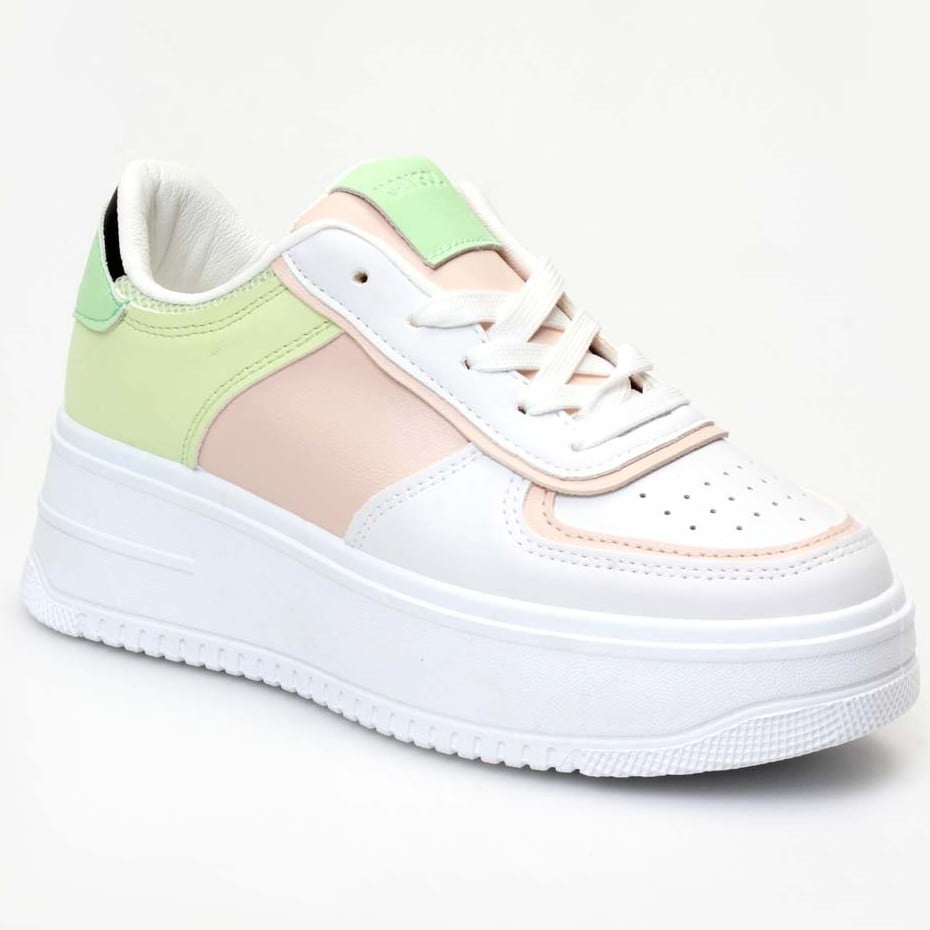 Ladies Flatform Colourblocked Sneaker - White/Mint