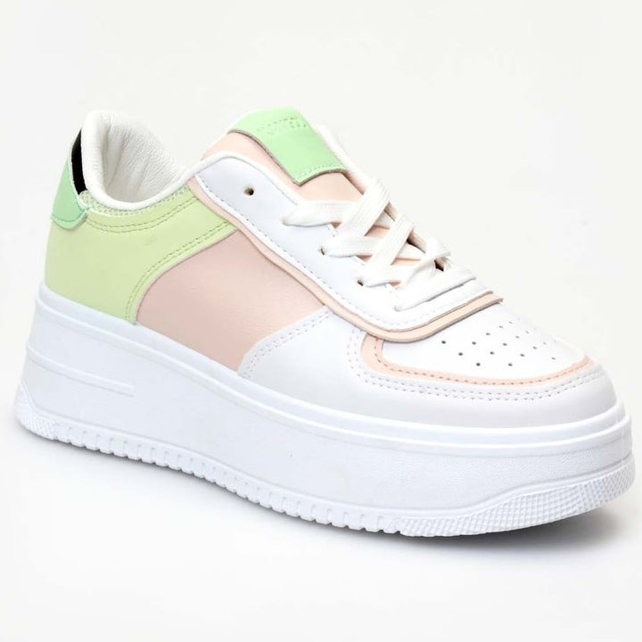 Ladies Flatform Colourblocked Sneaker - White/Mint