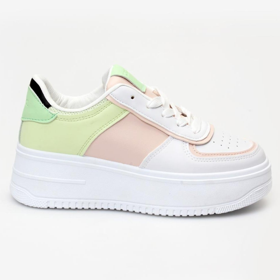 Ladies Flatform Colourblocked Sneaker - White/Mint