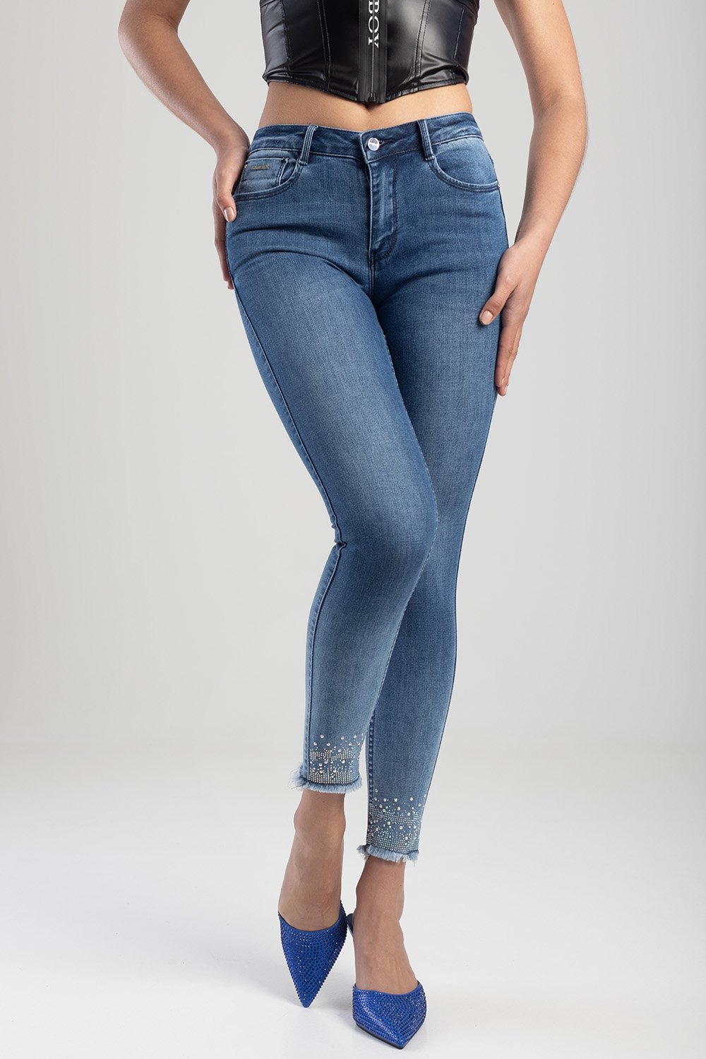 Ladies Mid Blue Ryder Skinny Denim Jean With Hem