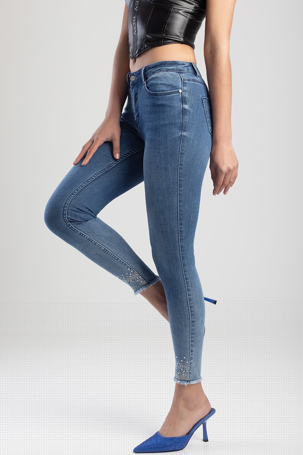 Ladies Mid Blue Ryder Skinny Denim Jean With Hem