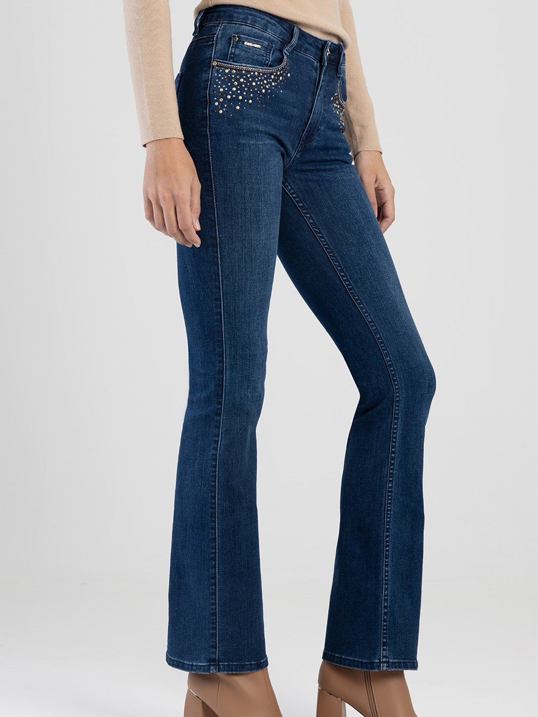 Axel Bootleg Denim Jean With Bling  - Mid Blue