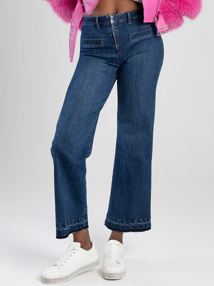 High Waist Wide Leg Denim Jean With Front Zip & Unpicked Hem - Dark Blue