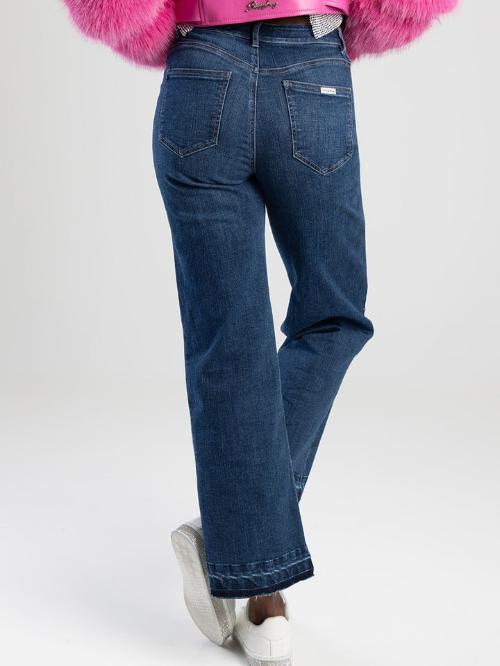 High Waist Wide Leg Denim Jean With Front Zip & Unpicked Hem - Dark Blue