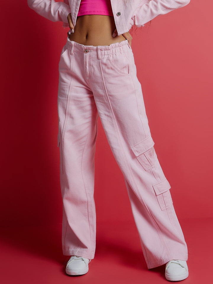 Ladies Low Rise Paneld Cargo Denim Jean - Pink