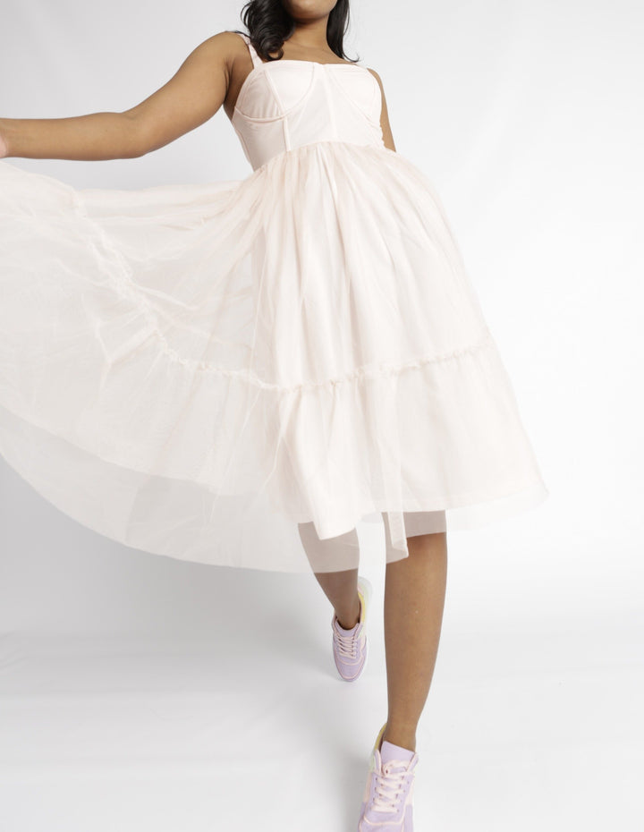 Ladies Corset Detail Tiered Prom Dress - Pink