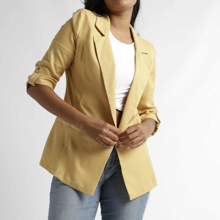 Ladies 3/4 Turn-up Sleeve Double Breasted Unlined Jacket - Mustard