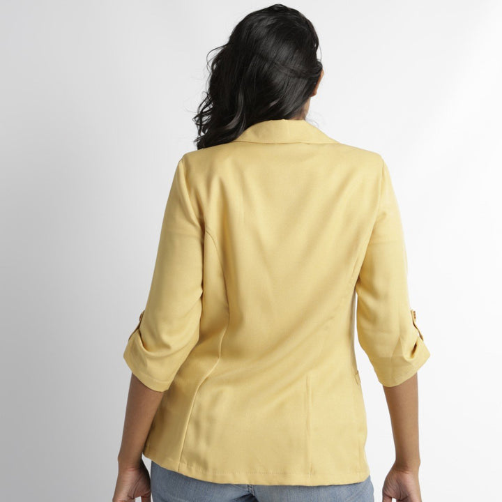 Ladies 3/4 Turn-up Sleeve Double Breasted Unlined Jacket - Mustard