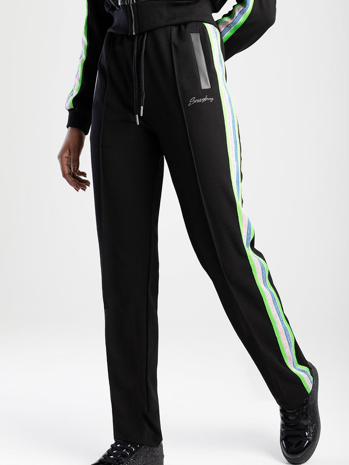 Straight Leg Tracksuit Pants With Tape Trim - Black