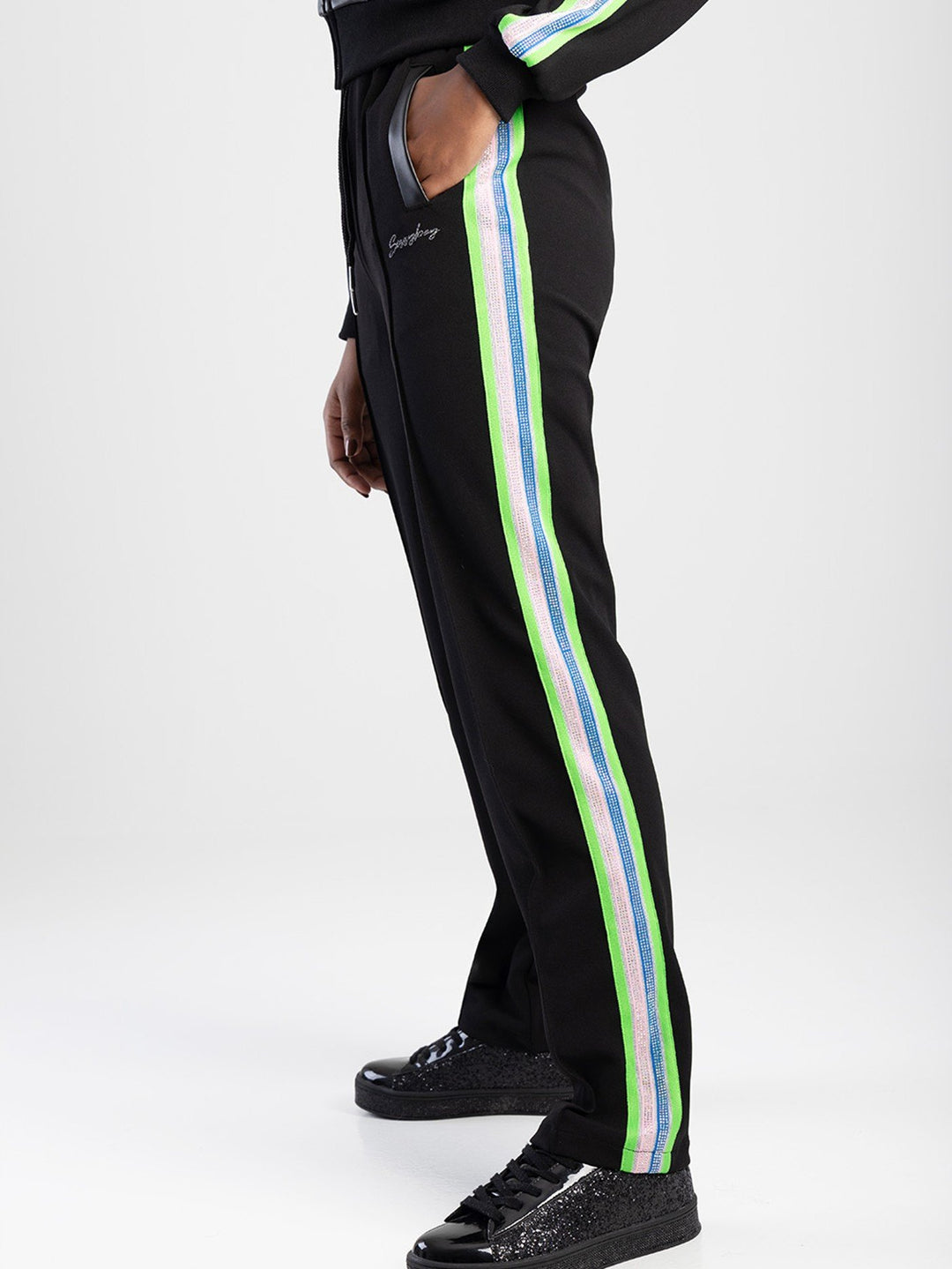 Straight Leg Tracksuit Pants With Tape Trim - Black