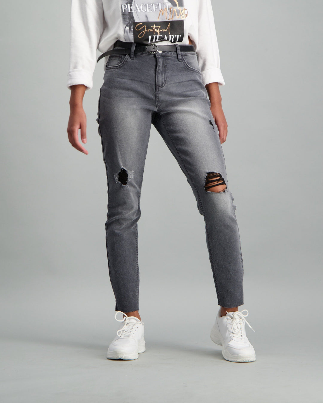 Ladies Grey Belted Raw Hem Grey Skinny Denim Jean