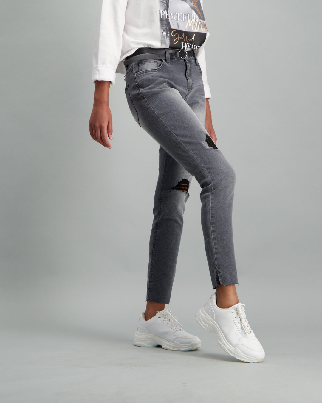 Ladies Grey Belted Raw Hem Grey Skinny Denim Jean