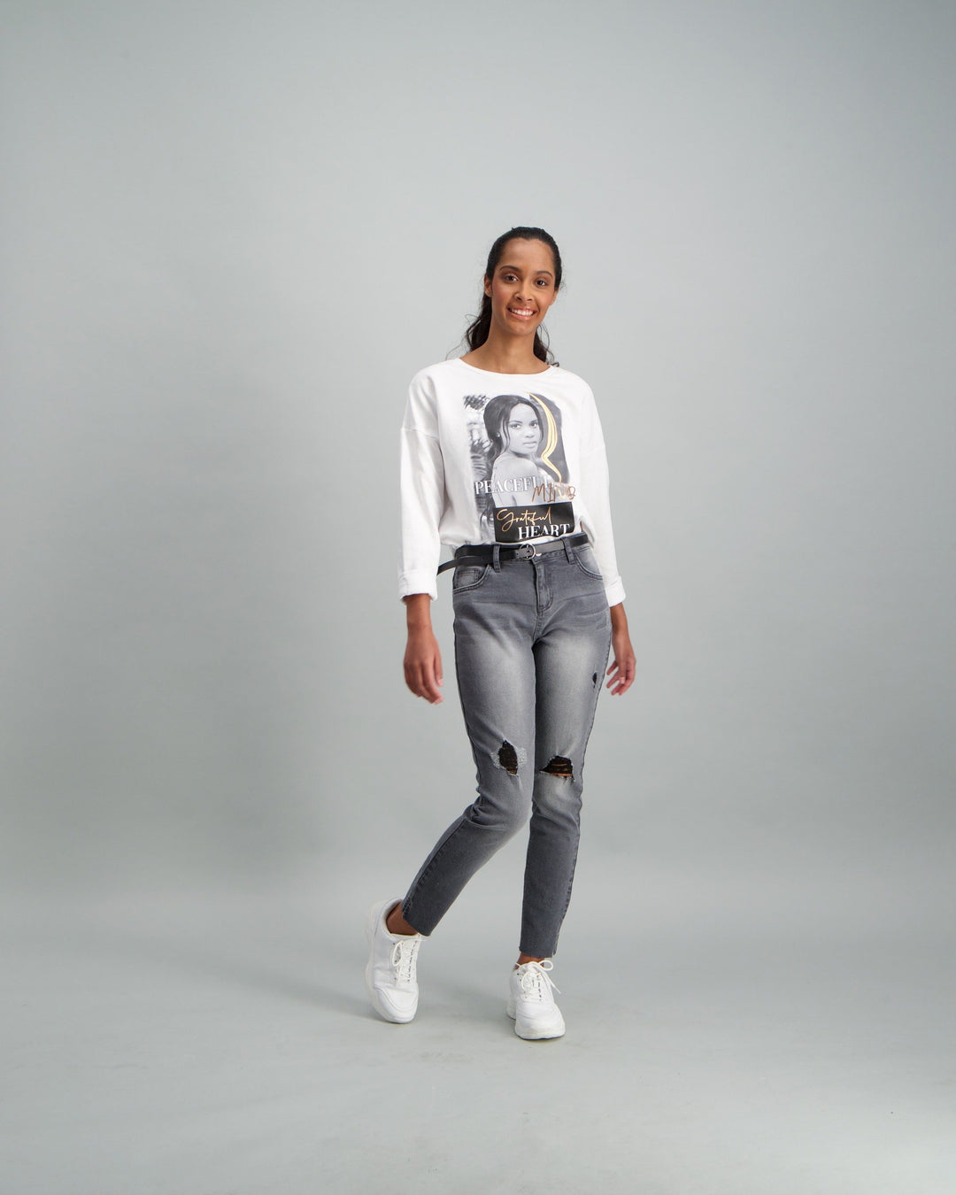 Ladies Grey Belted Raw Hem Grey Skinny Denim Jean