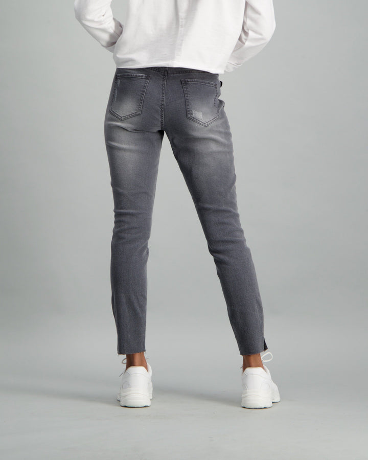 Ladies Grey Belted Raw Hem Grey Skinny Denim Jean