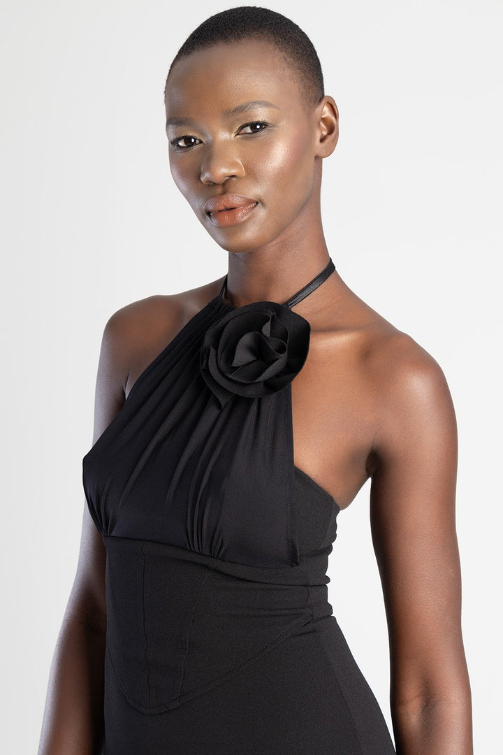 Corset Halter Midi Dress - Black