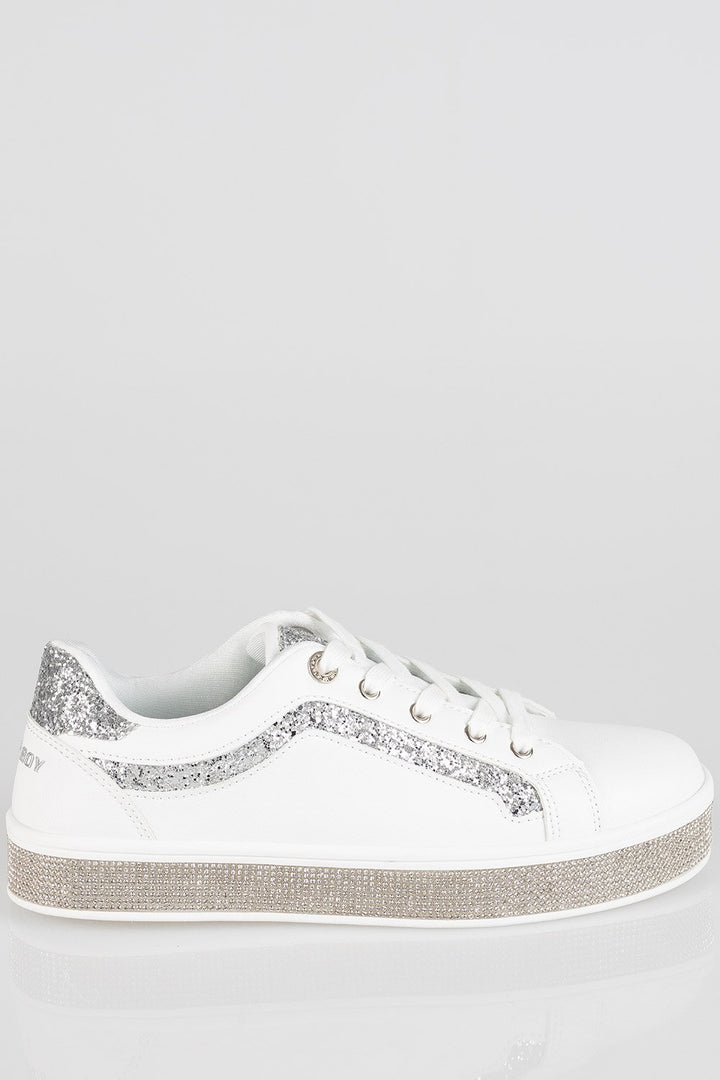 Ladies Glitter Bolt Duchess Sneaker - White Glitter