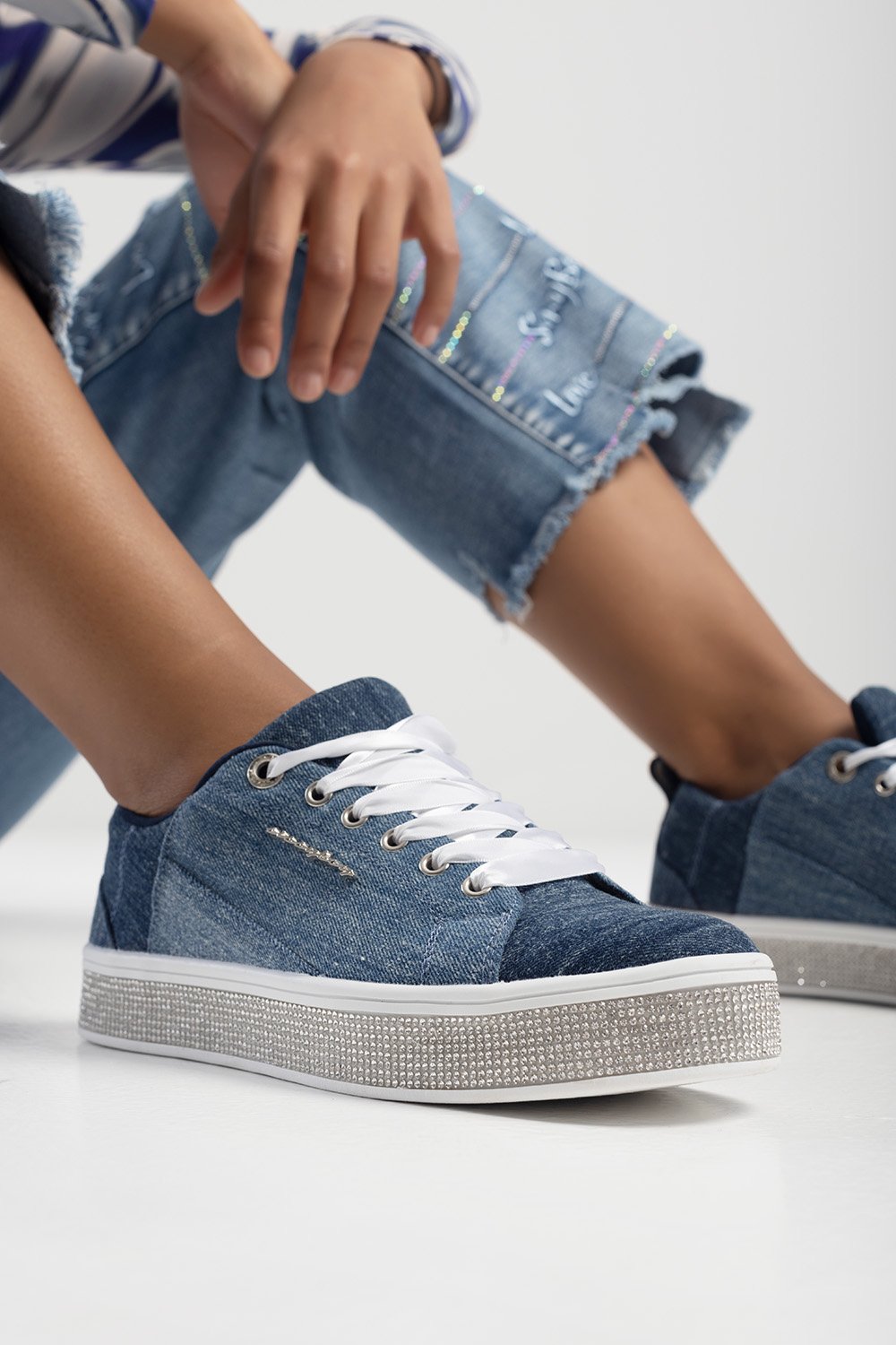 Ladies Patched Up Sneaker - Denim
