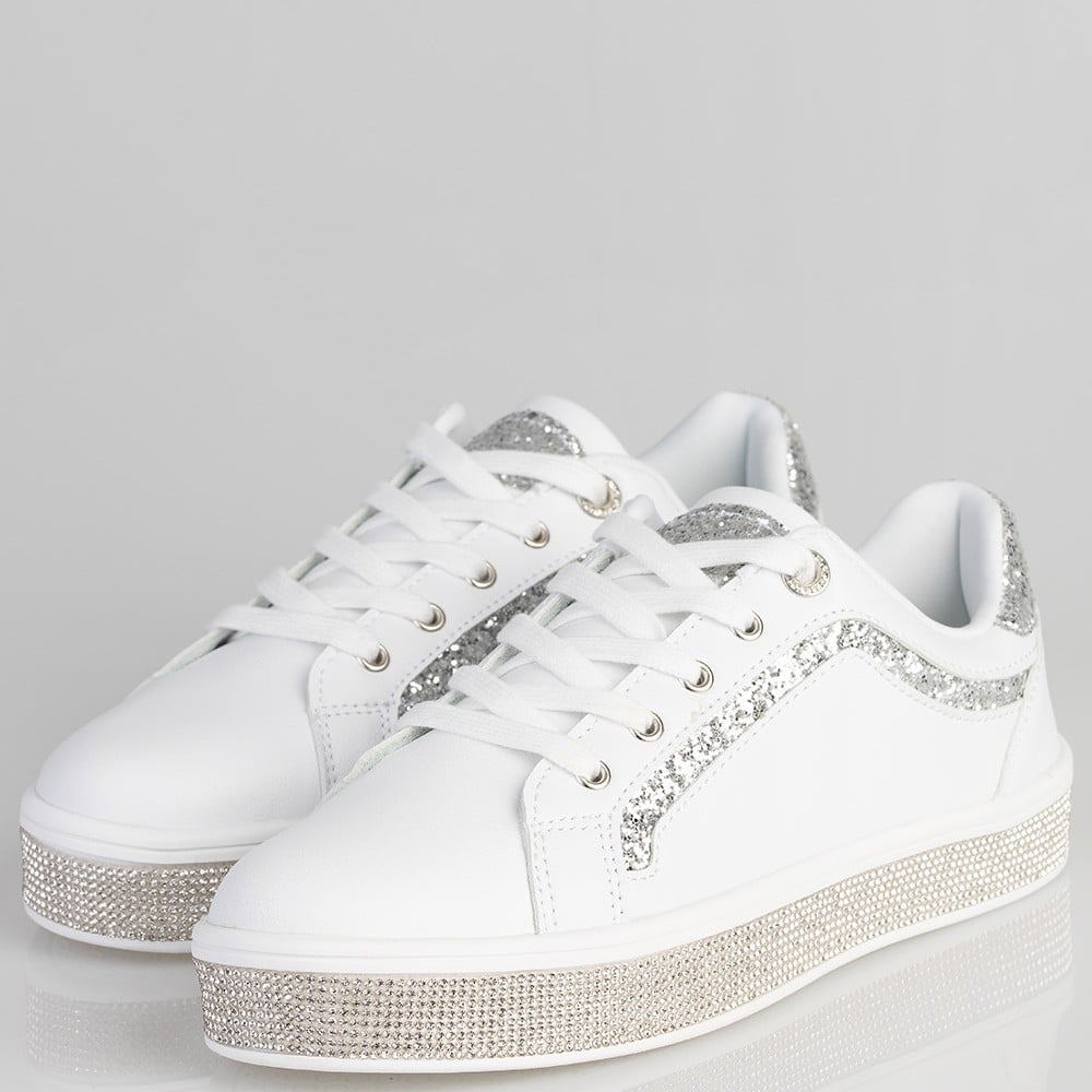 Ladies Glitter Bolt Duchess Sneaker - White Glitter