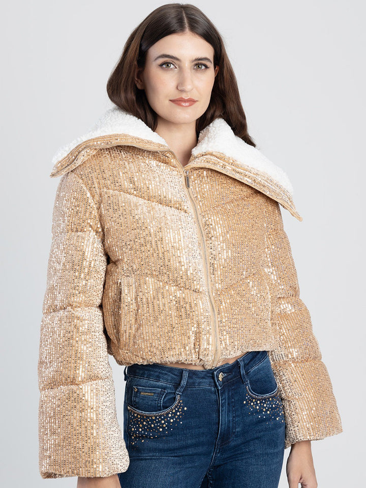 Sequin Sherpa Puffer Jacket - Gold