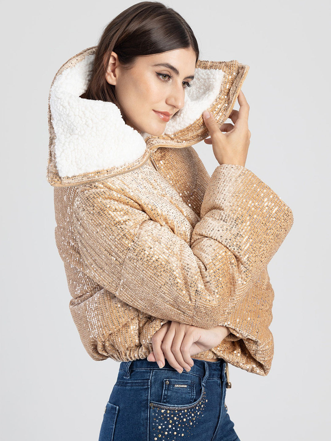 Sequin Sherpa Puffer Jacket - Gold